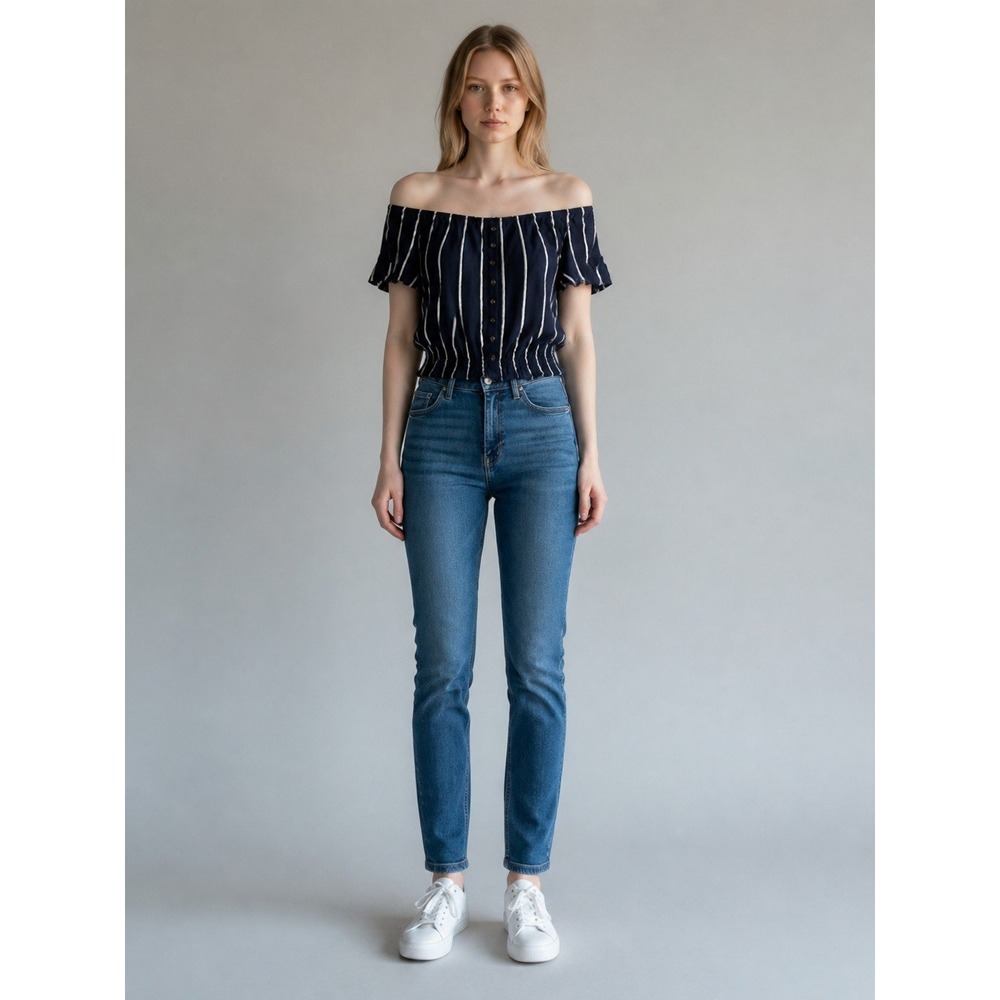 H&M Womens Large Navy Blue White Striped Off Shoulder Button Front Smocked Top